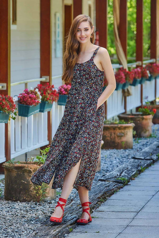 Button Up Floral Long Dress Black