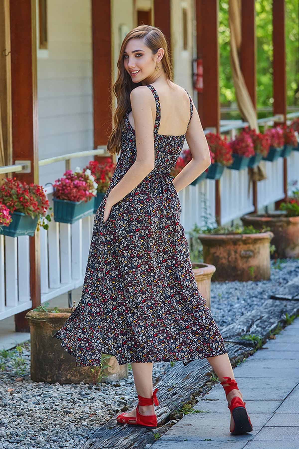 Button Up Floral Long Dress Black