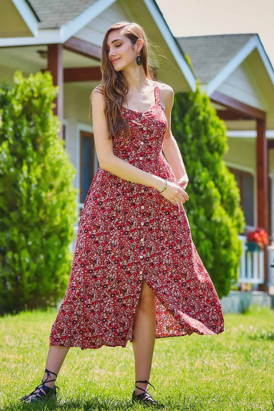 Button Up Floral Long Dress Maroon