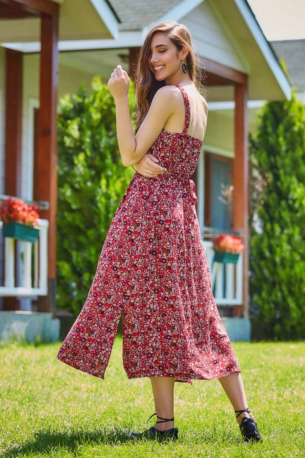 Button Up Floral Long Dress Maroon