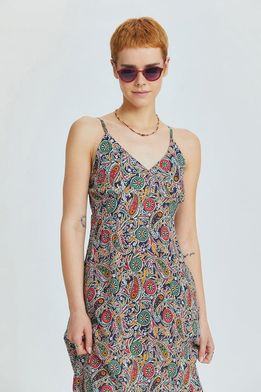 Black-Red Ethnic Pattern Bohemian Midi Dress with Side Slits