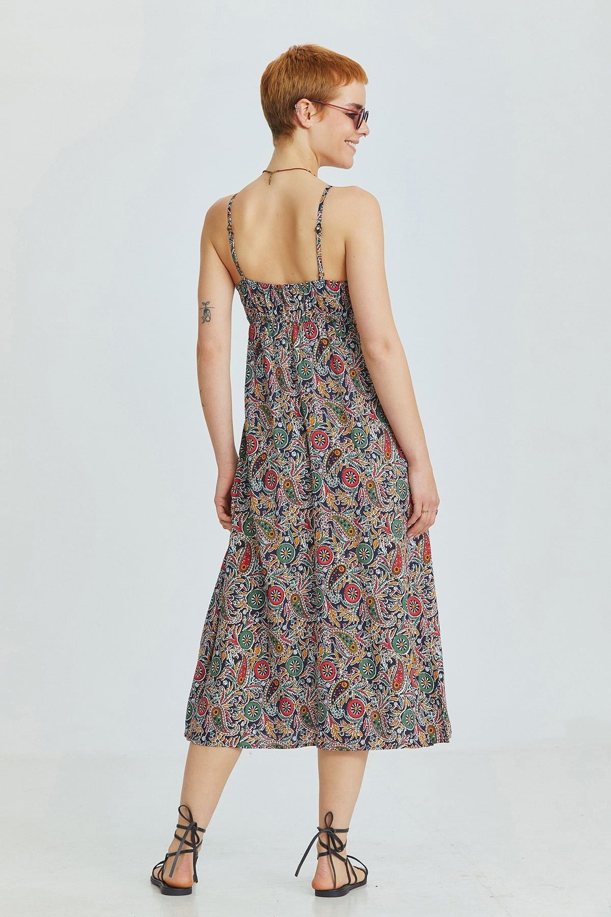 Black-Red Ethnic Pattern Bohemian Midi Dress with Side Slits