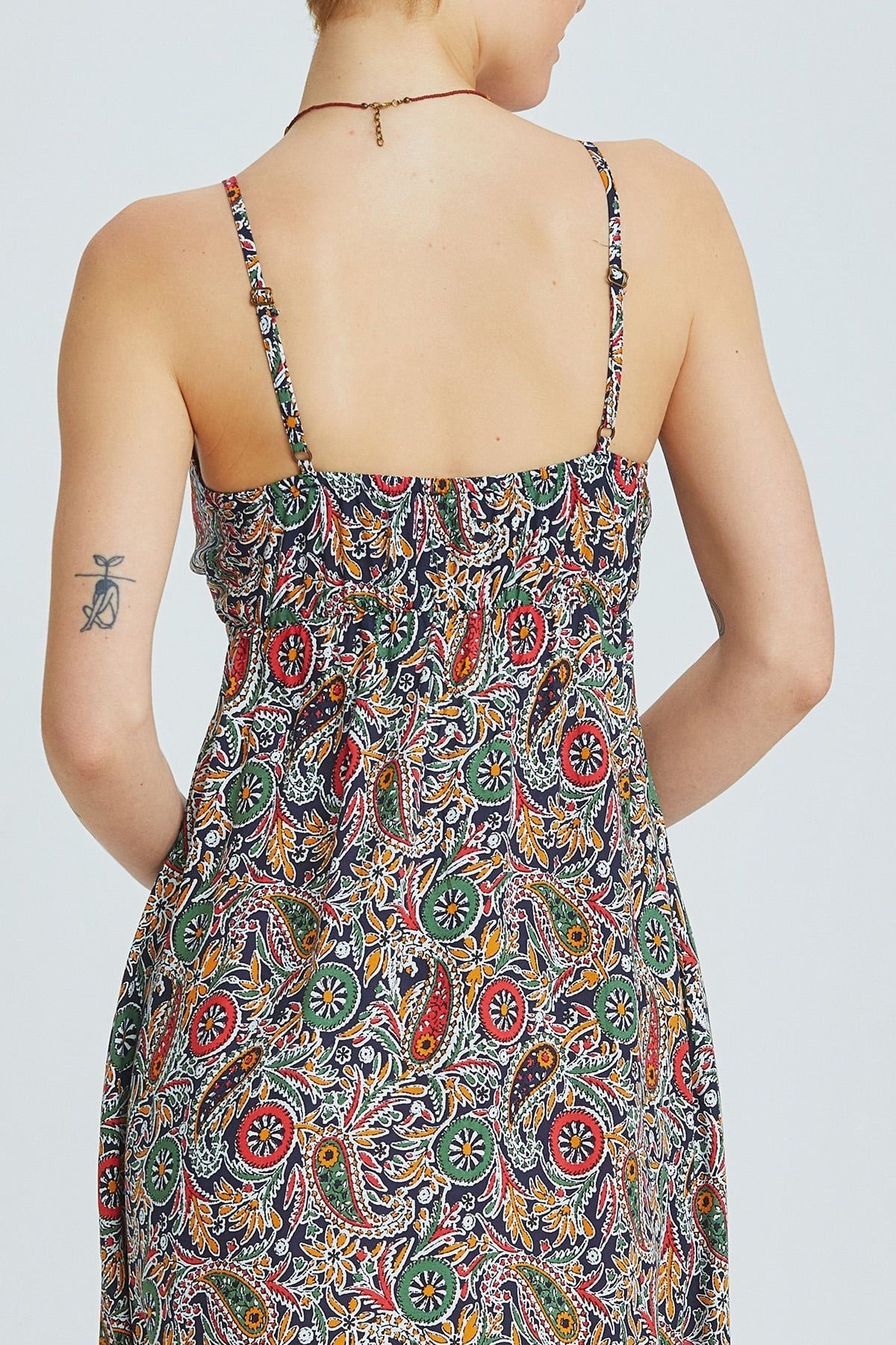 Black-Red Ethnic Pattern Bohemian Midi Dress with Side Slits