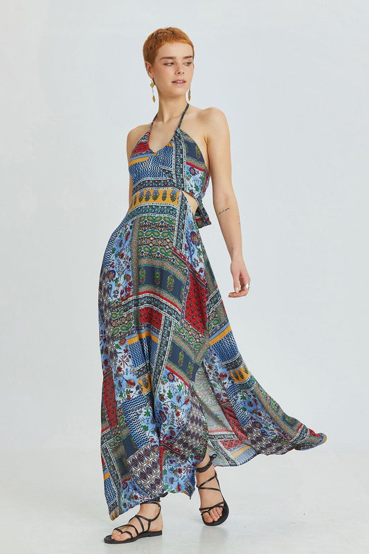Blue Patch Bohemian Maxi Dress with Neck and Back Tie Closure
