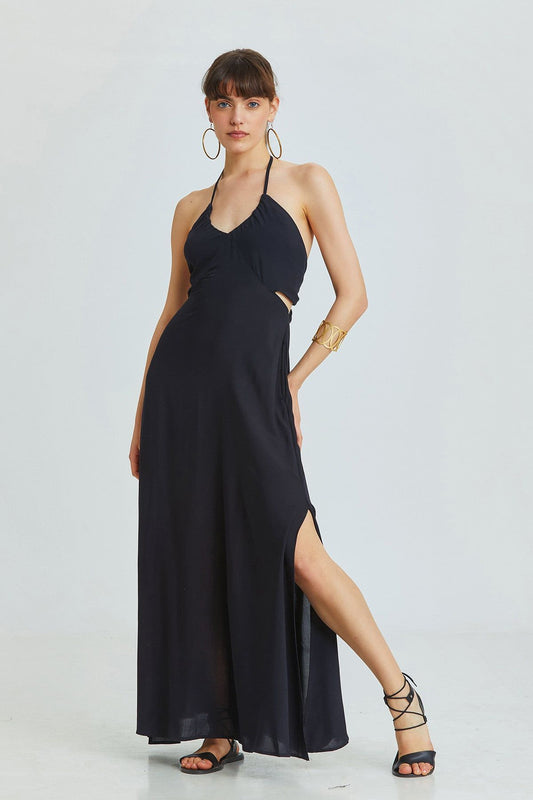 Black Bohemian Maxi Dress with Neck and Back Tie Closure