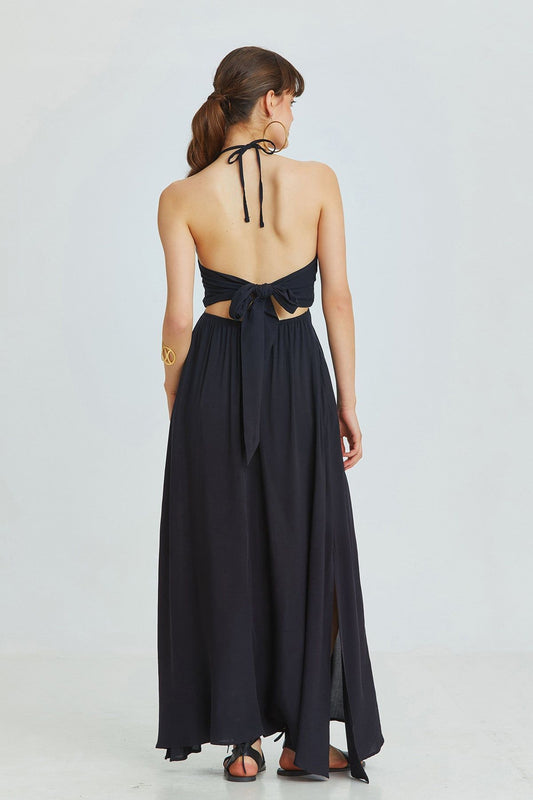Black Bohemian Maxi Dress with Neck and Back Tie Closure
