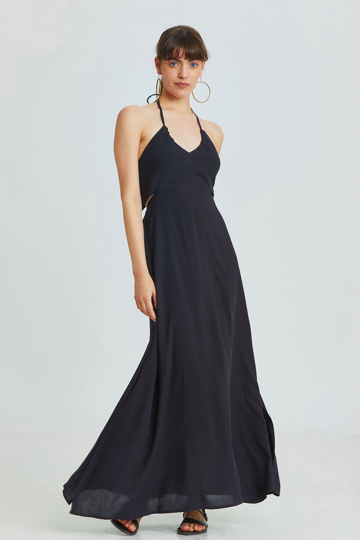 Black Bohemian Maxi Dress with Neck and Back Tie Closure