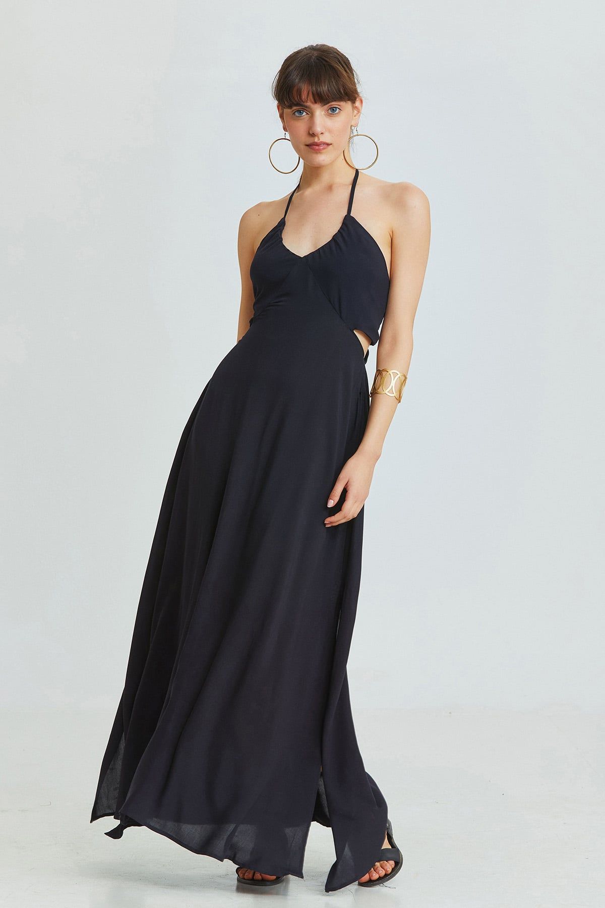 Black Bohemian Maxi Dress with Neck and Back Tie Closure