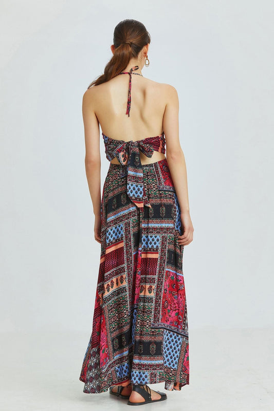 Pink Patch Bohemian Maxi Dress with Neck and Back Tie Closure