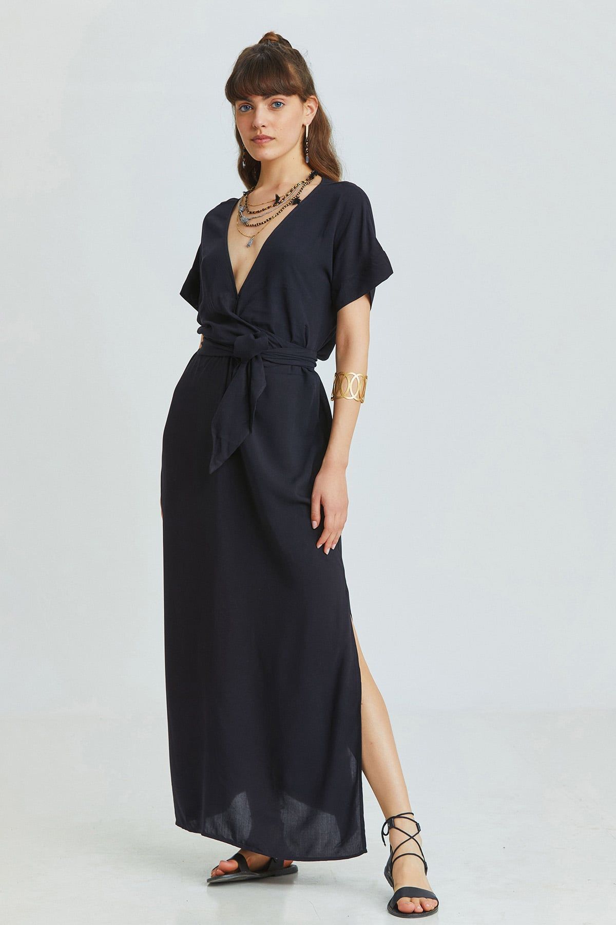 Black Bohemian Long Dress with Deep V-Neck and Waist Tie Detail