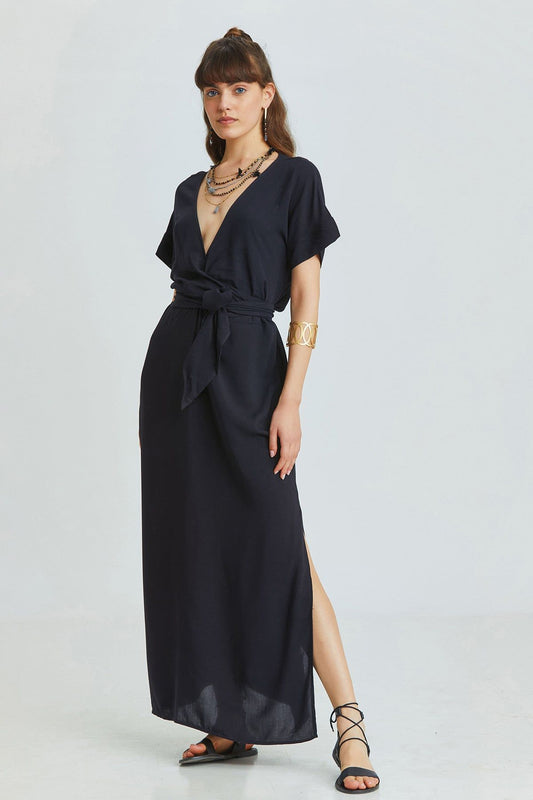 Black Bohemian Long Dress with Deep V-Neck and Waist Tie Detail