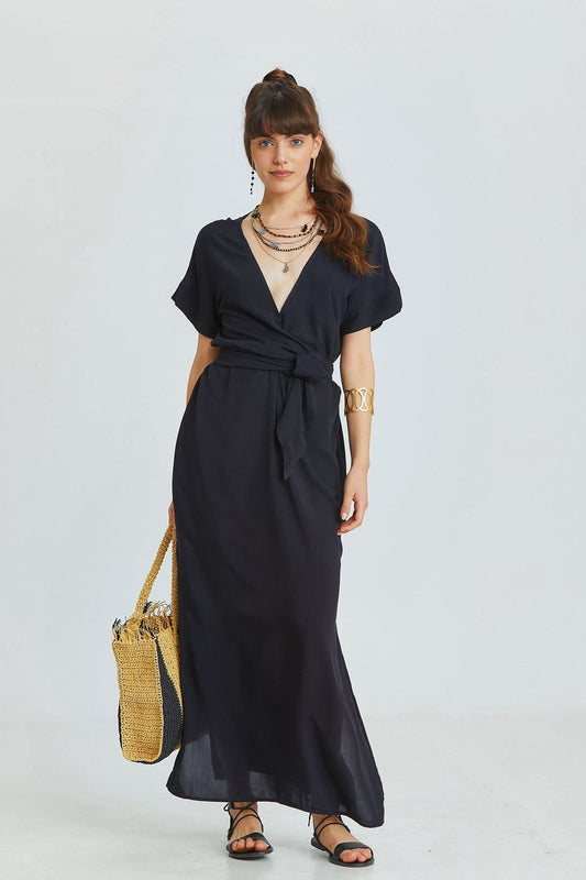 Black Bohemian Long Dress with Deep V-Neck and Waist Tie Detail