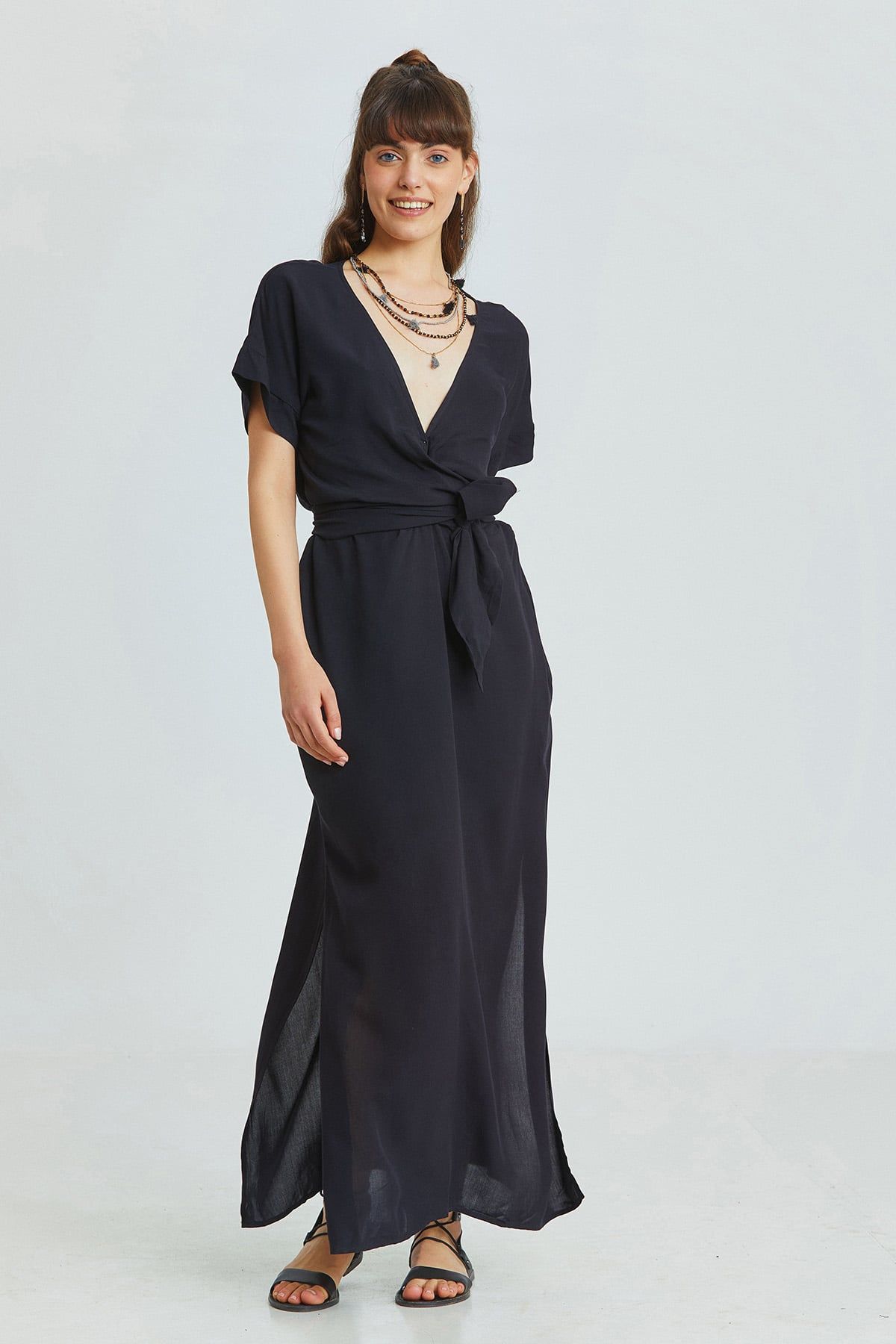 Black Bohemian Long Dress with Deep V-Neck and Waist Tie Detail