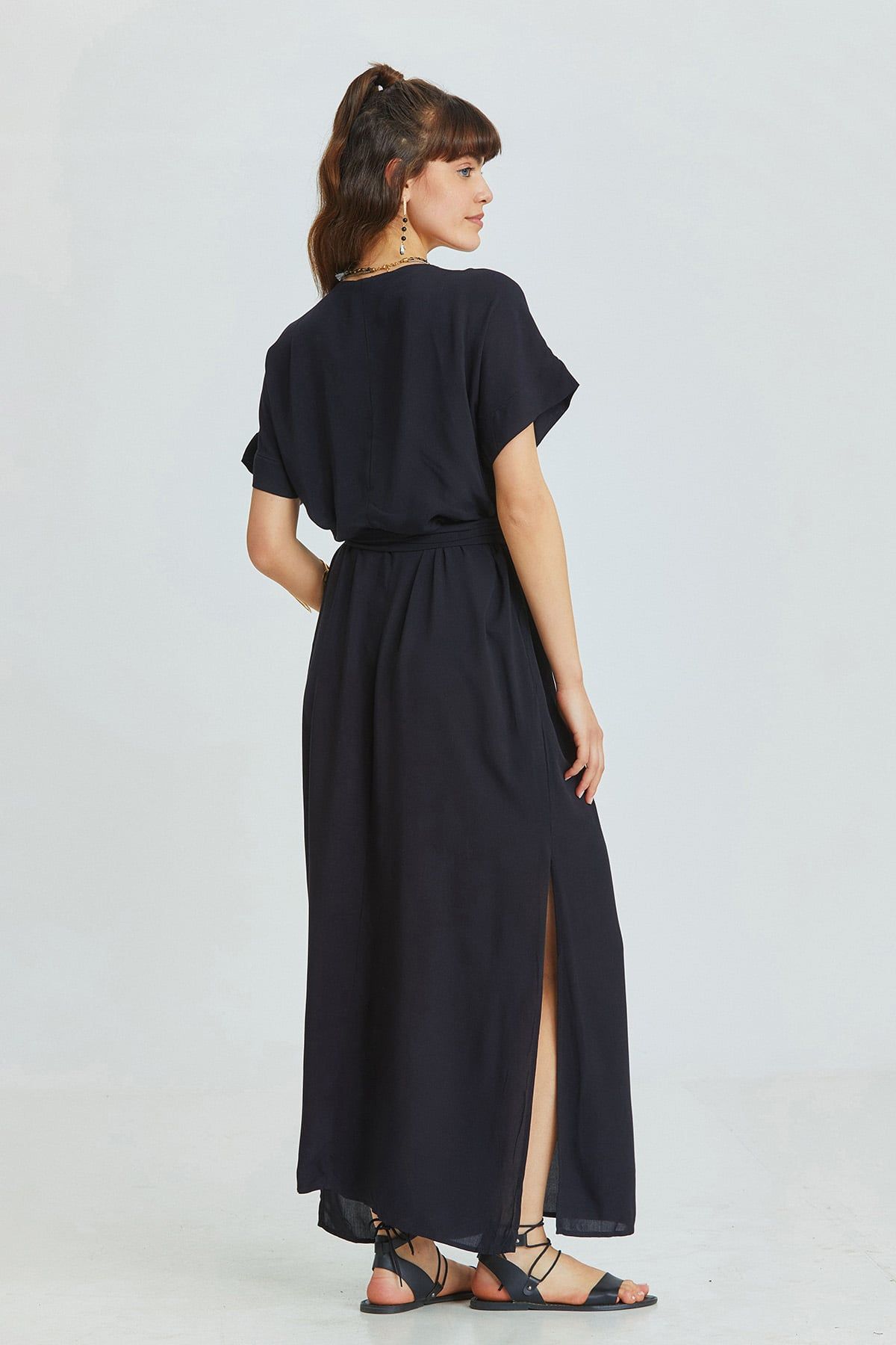 Black Bohemian Long Dress with Deep V-Neck and Waist Tie Detail