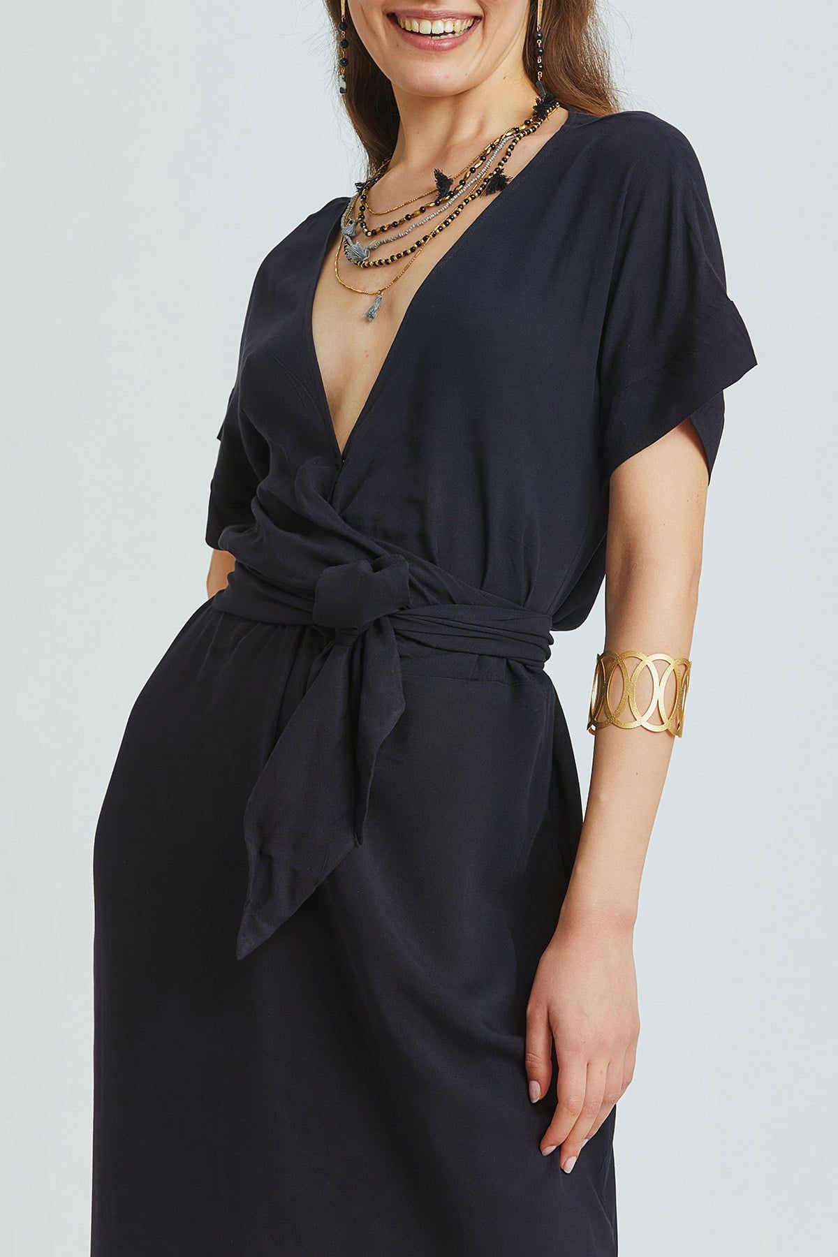 Black Bohemian Long Dress with Deep V-Neck and Waist Tie Detail