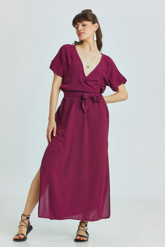 Purple Bohemian Long Dress with Deep V-Neck and Waist Tie Detail