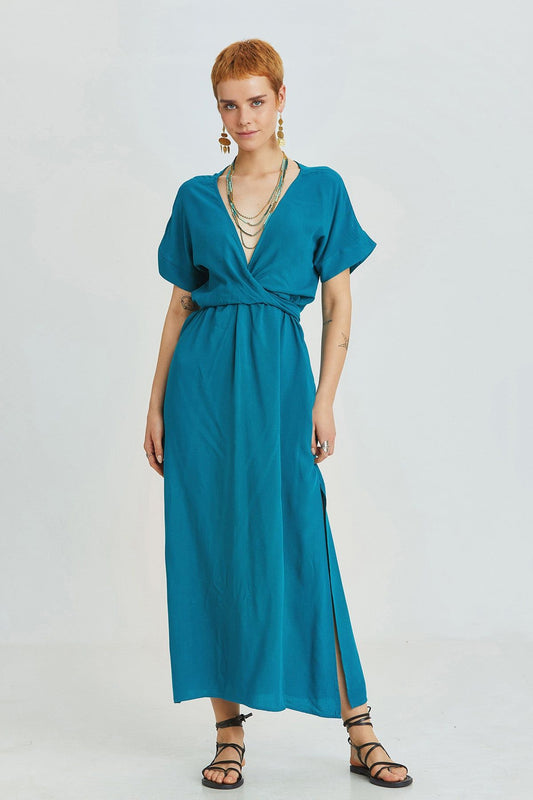 Teal Bohemian Long Dress with Deep V-Neck and Waist Tie Detail