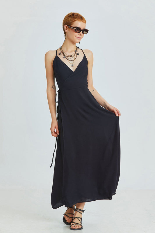 Black Bohemian Midi Dress with Wrap Front