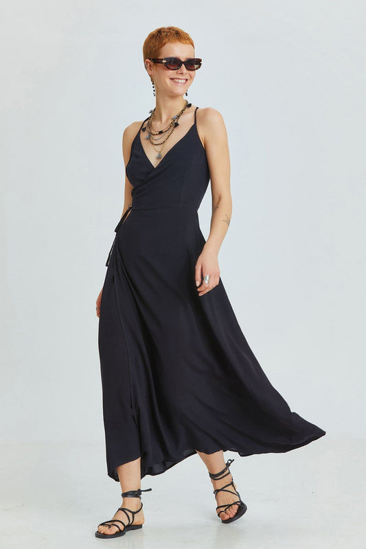 Black Bohemian Midi Dress with Wrap Front