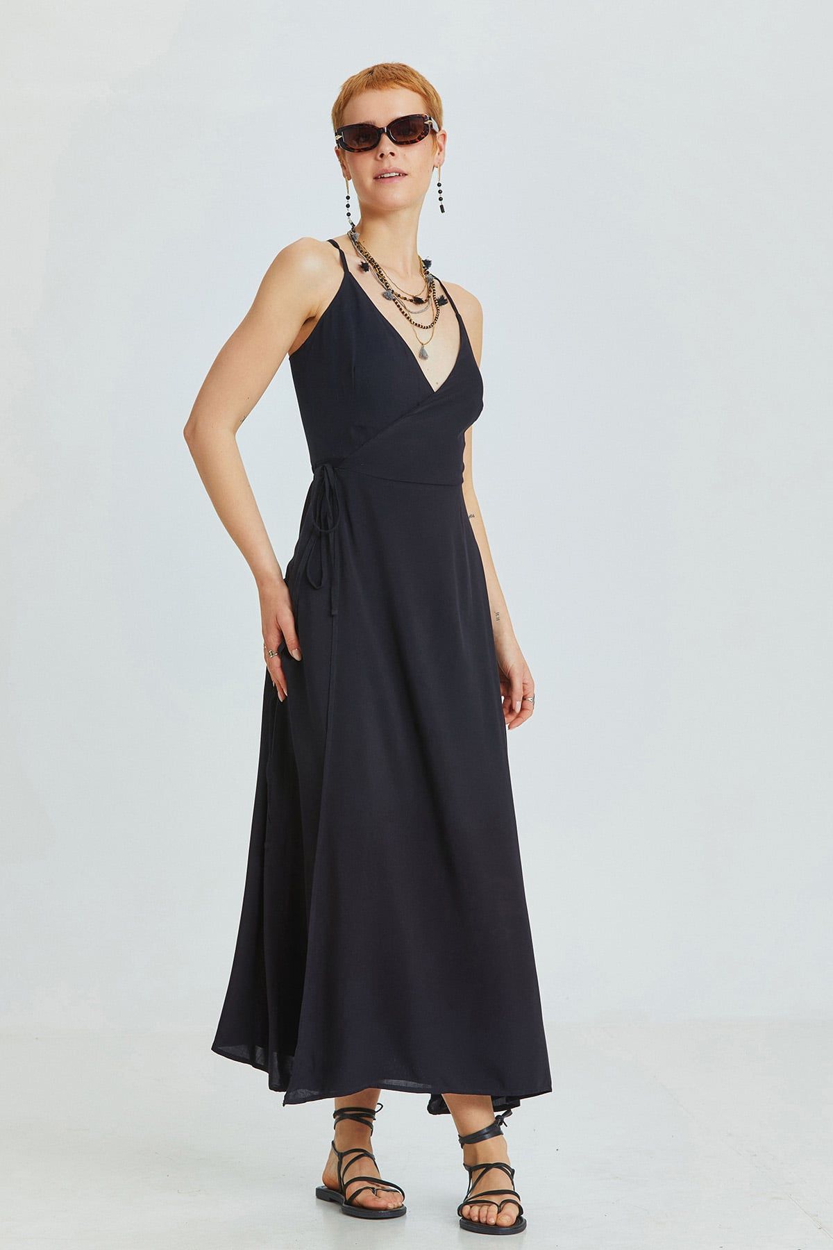 Black Bohemian Midi Dress with Wrap Front
