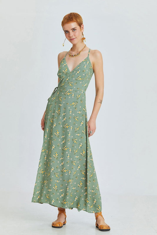 Green Floral Bohemian Midi Dress with Wrap Front