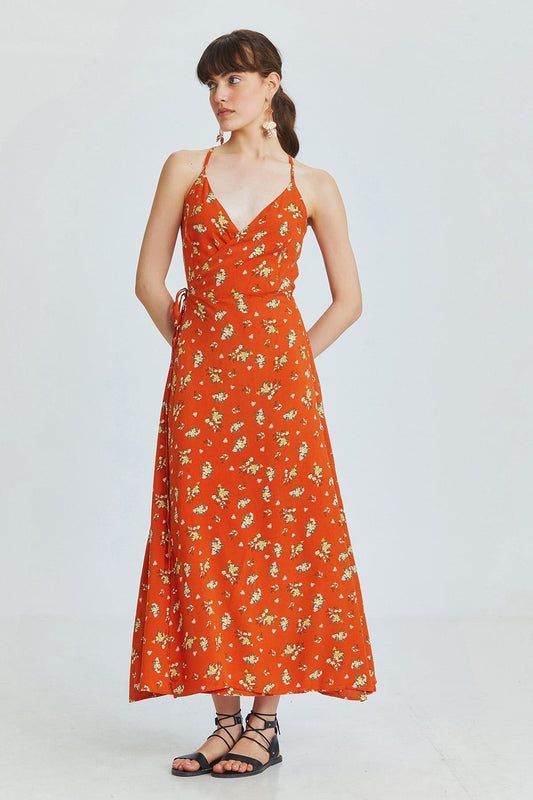 Orange Floral Bohemian Midi Dress with Wrap Front