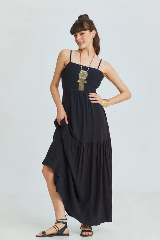Black Bohemian Midi Dress with Criss-Cross Adjustable Straps and Gypsy Skirt