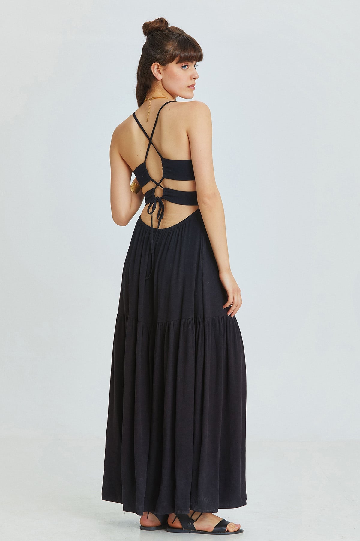 Black Bohemian Midi Dress with Criss-Cross Adjustable Straps and Gypsy Skirt