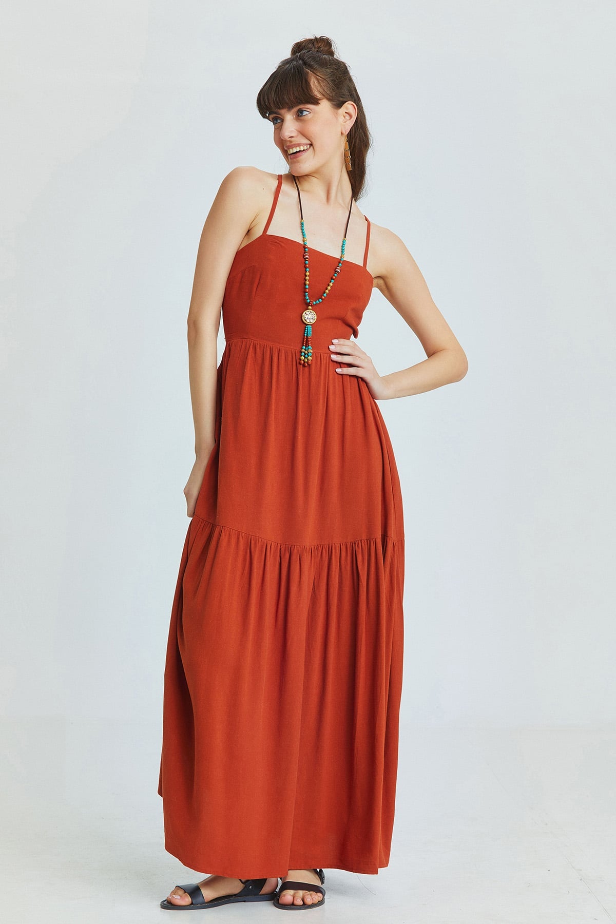 Burnt Orange Bohemian Midi Dress with Criss-Cross Adjustable Straps and Gypsy Skirt