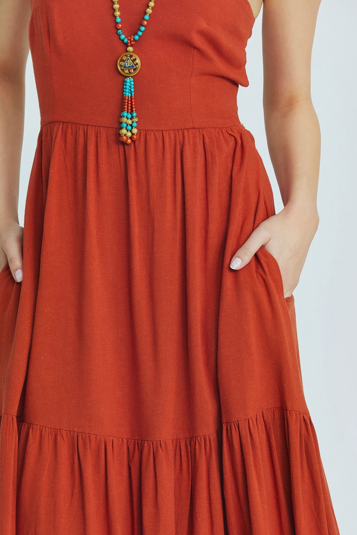 Burnt Orange Bohemian Midi Dress with Criss-Cross Adjustable Straps and Gypsy Skirt