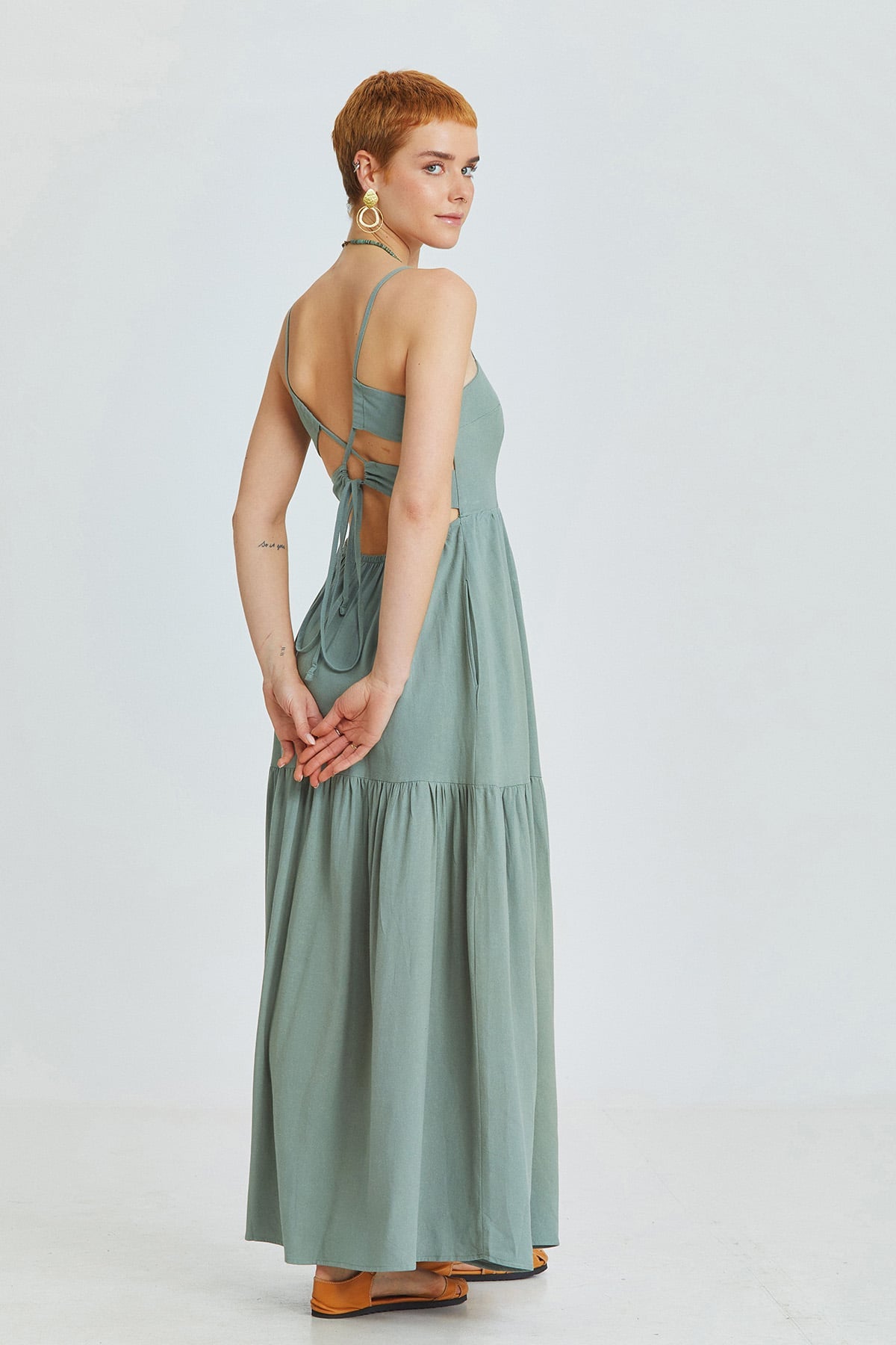 Pistacio Green Bohemian Midi Dress with Criss-Cross Adjustable Straps and Gypsy Skirt