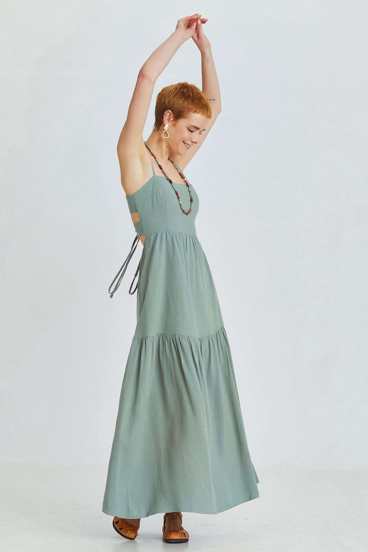 Pistacio Green Bohemian Midi Dress with Criss-Cross Adjustable Straps and Gypsy Skirt