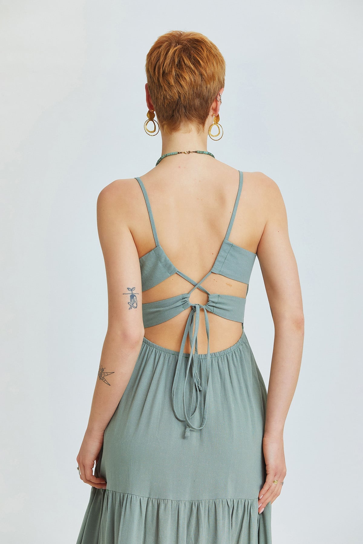 Pistacio Green Bohemian Midi Dress with Criss-Cross Adjustable Straps and Gypsy Skirt