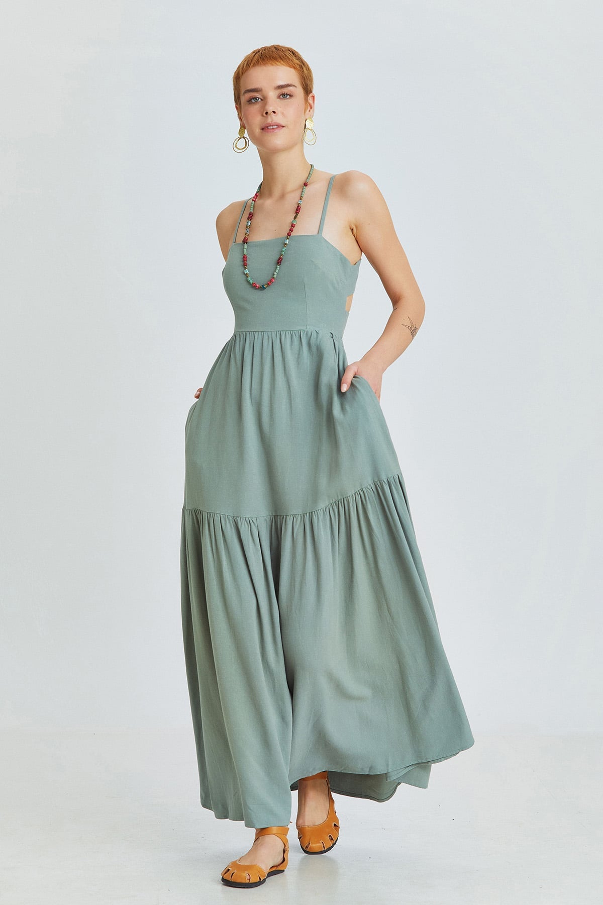 Pistacio Green Bohemian Midi Dress with Criss-Cross Adjustable Straps and Gypsy Skirt