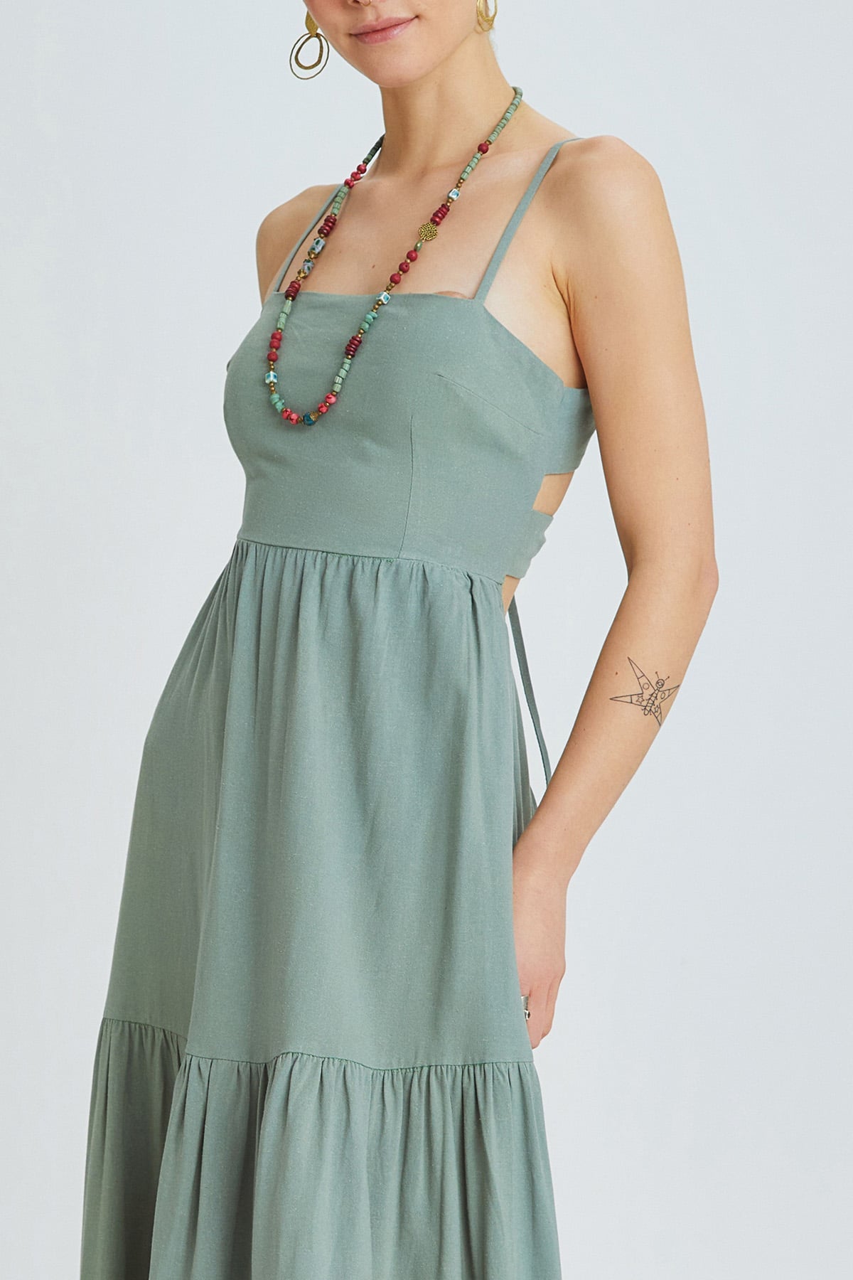 Pistacio Green Bohemian Midi Dress with Criss-Cross Adjustable Straps and Gypsy Skirt