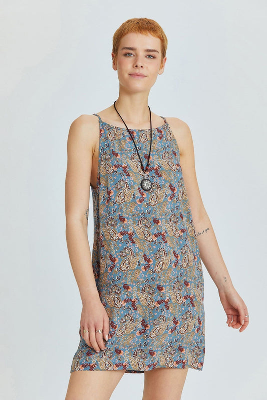 Blue Mini Bohemian Dress with Boat Neckline and Back Zipper