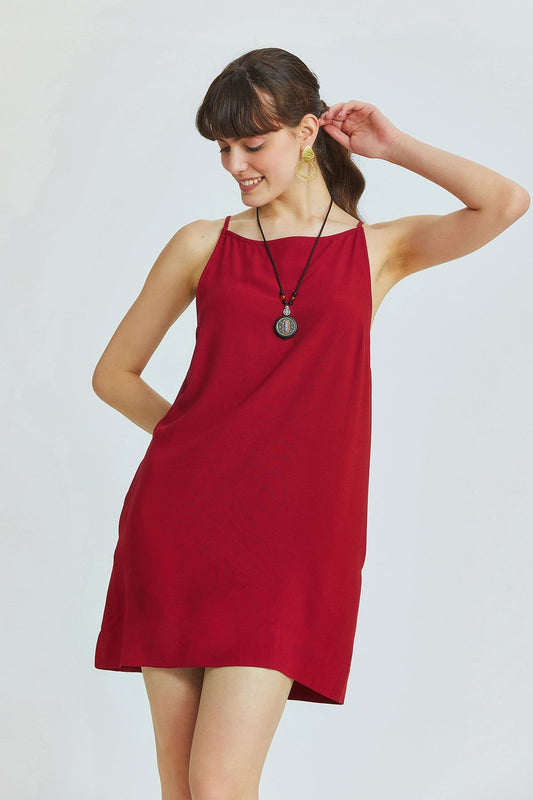 Dark Red Mini Bohemian Dress with Boat Neckline and Back Zipper