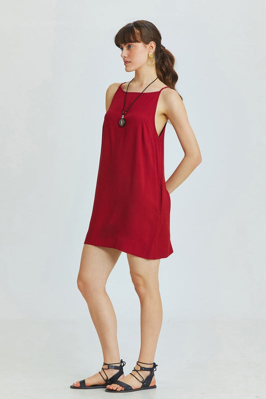 Dark Red Mini Bohemian Dress with Boat Neckline and Back Zipper