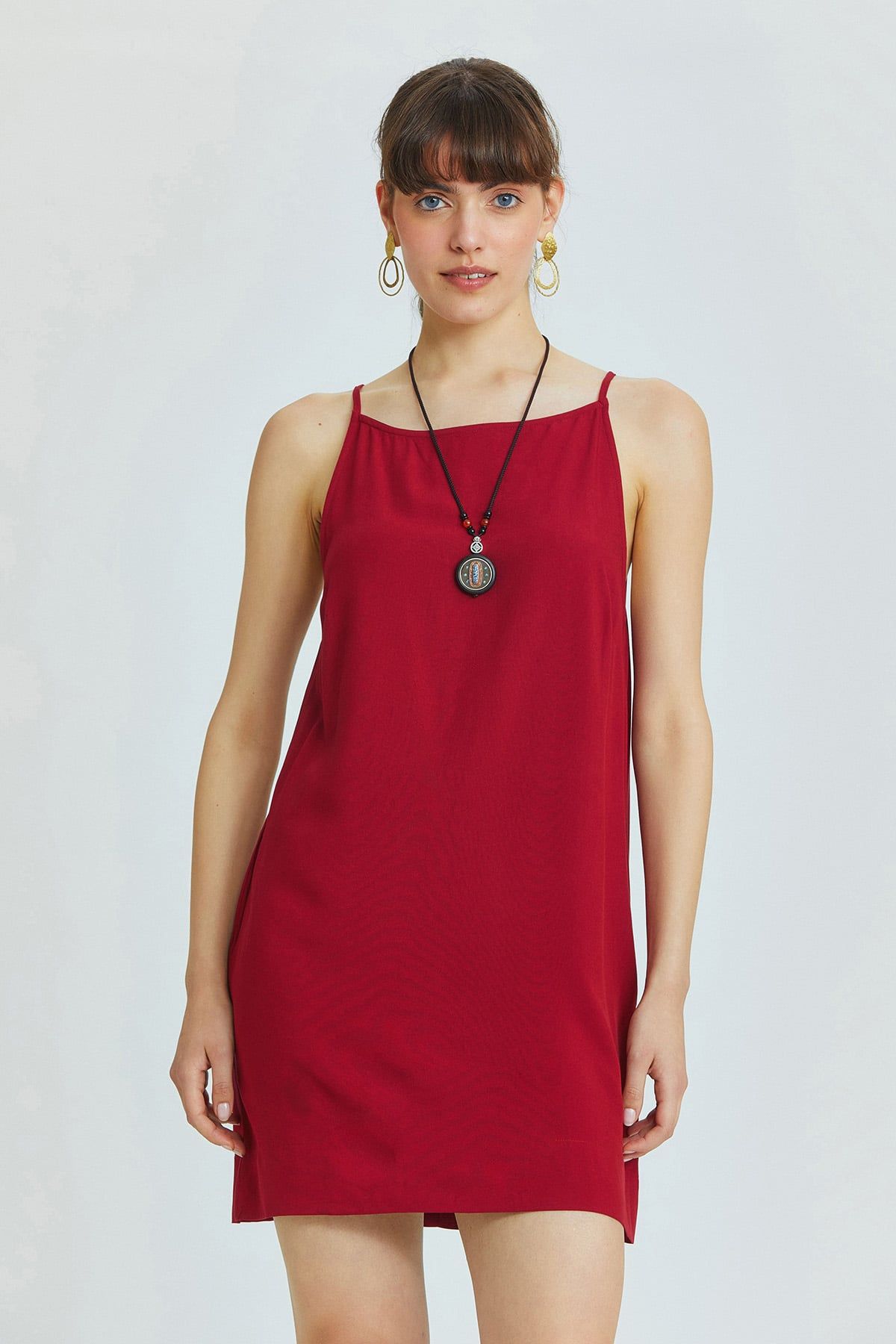 Dark Red Mini Bohemian Dress with Boat Neckline and Back Zipper