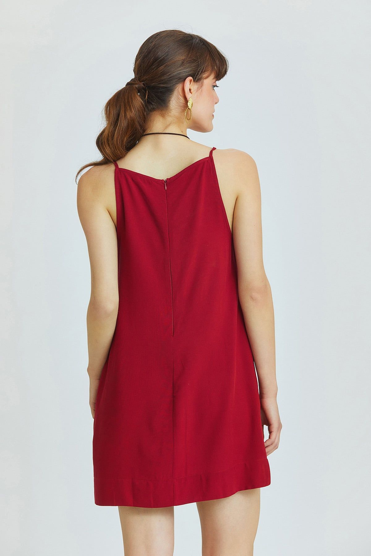 Dark Red Mini Bohemian Dress with Boat Neckline and Back Zipper