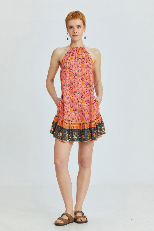 Pink Mini Bohemian Dress with Halter Neckline and Patterned Ruffled Skirt