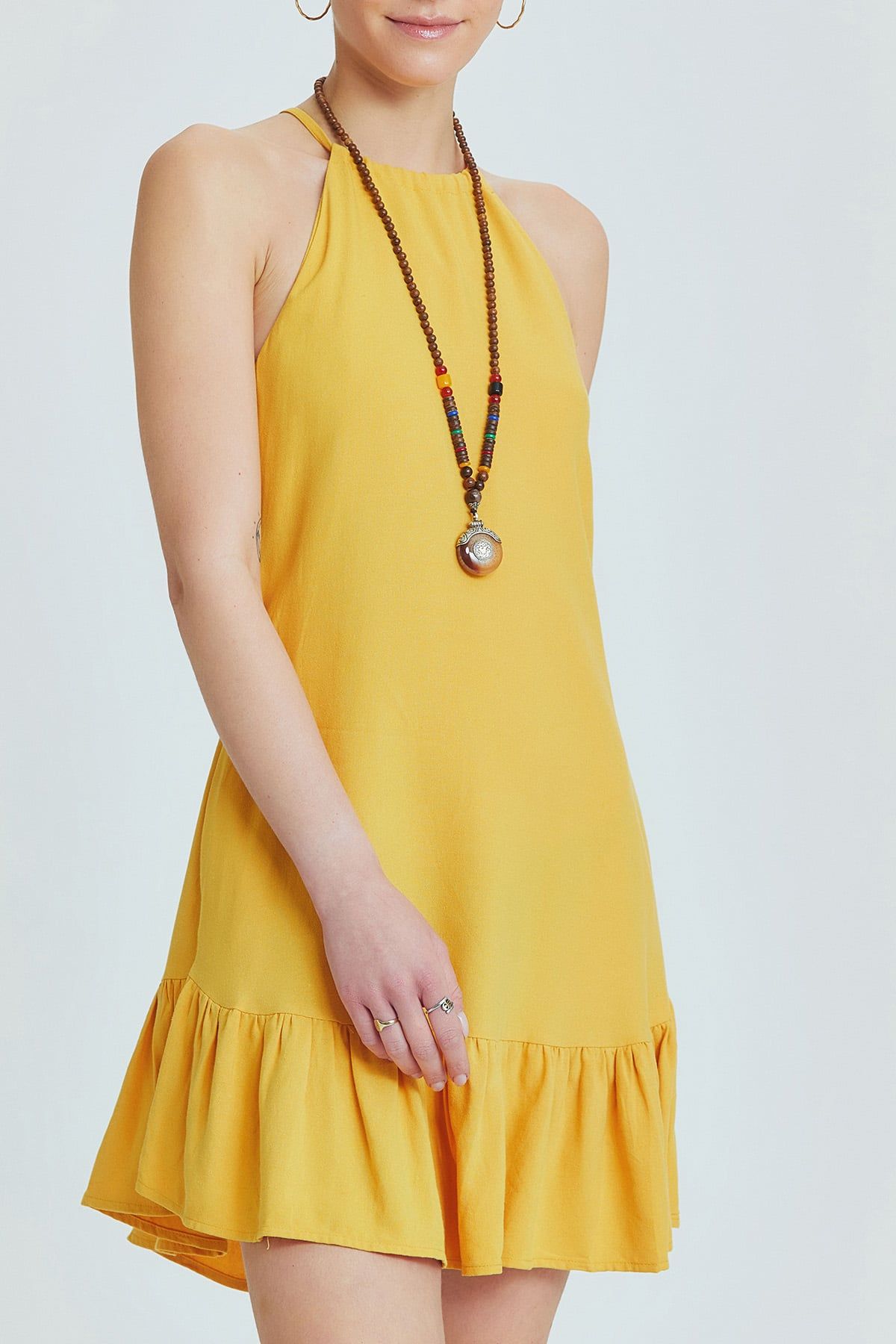 Yellow Linen Blend Mini Bohemian Dress with Halter Neckline and Ruffled Skirt