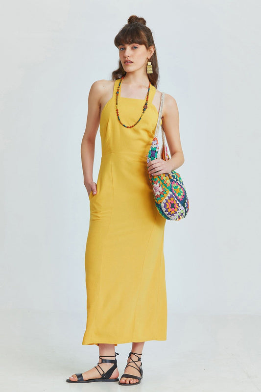 Mustard Linen Blend Midi Bohemian Dress with Cross-Back and Back Slit