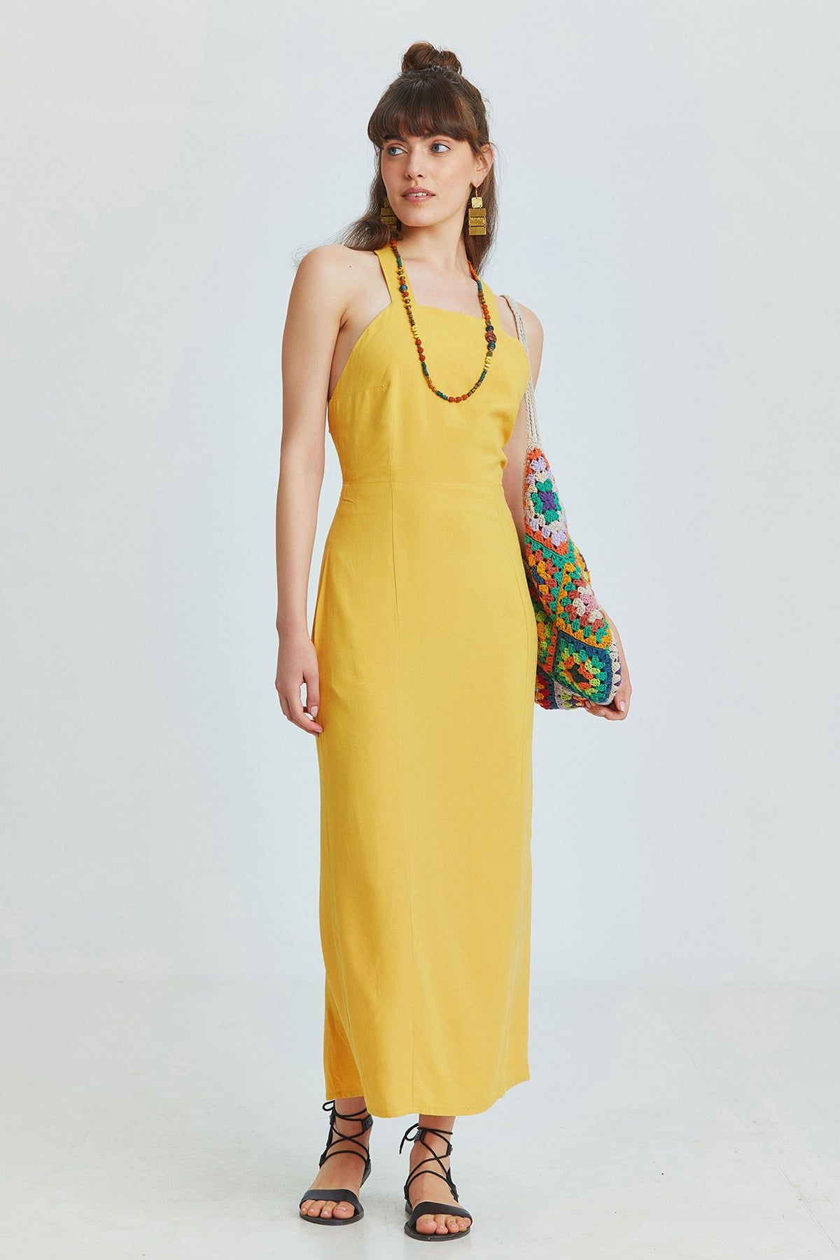Mustard Linen Blend Midi Bohemian Dress with Cross-Back and Back Slit