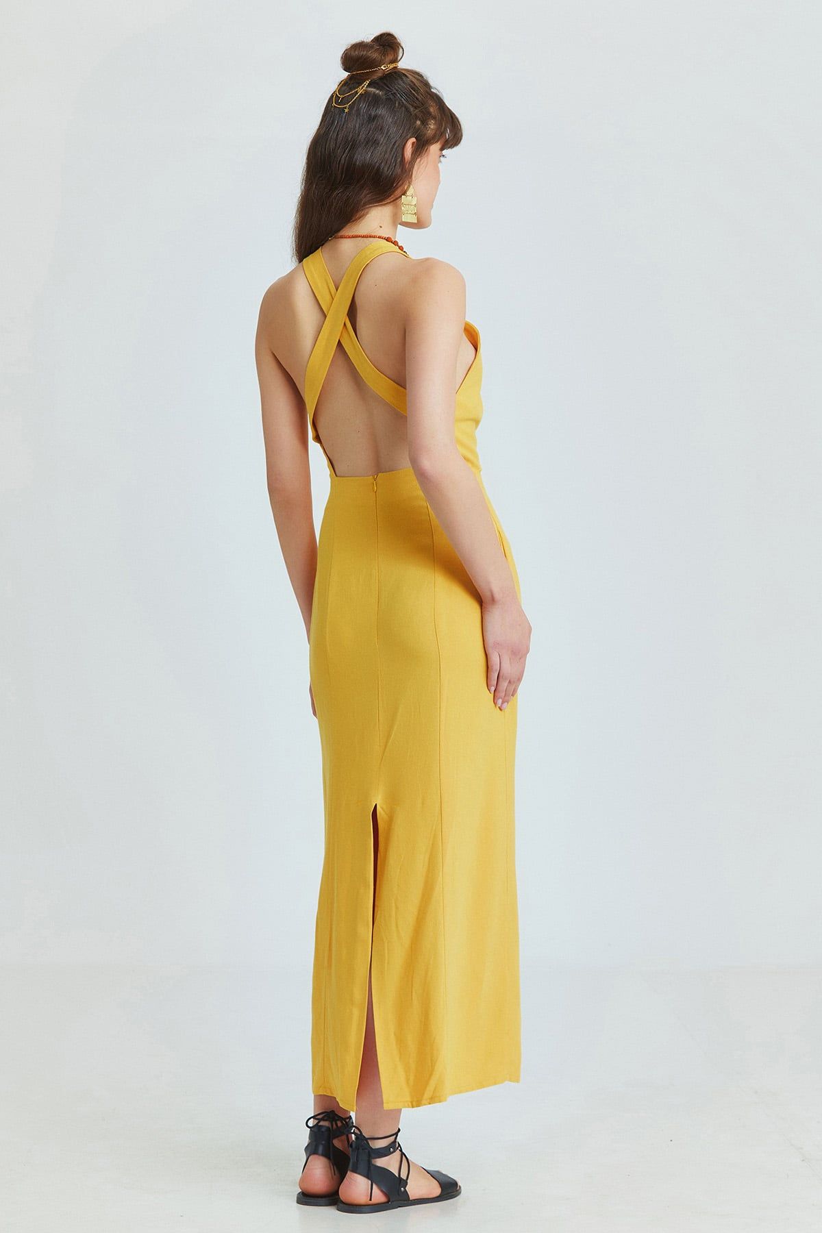 Mustard Linen Blend Midi Bohemian Dress with Cross-Back and Back Slit