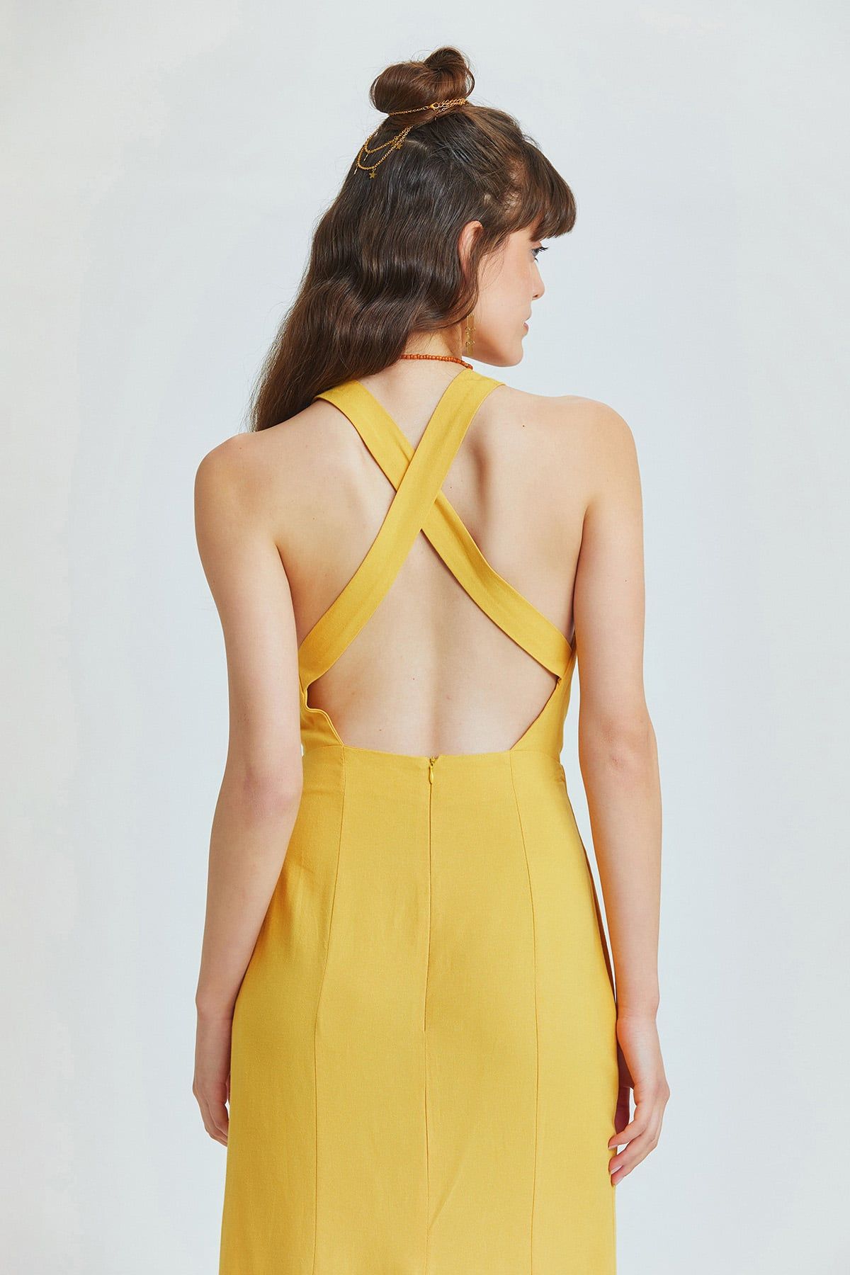 Mustard Linen Blend Midi Bohemian Dress with Cross-Back and Back Slit
