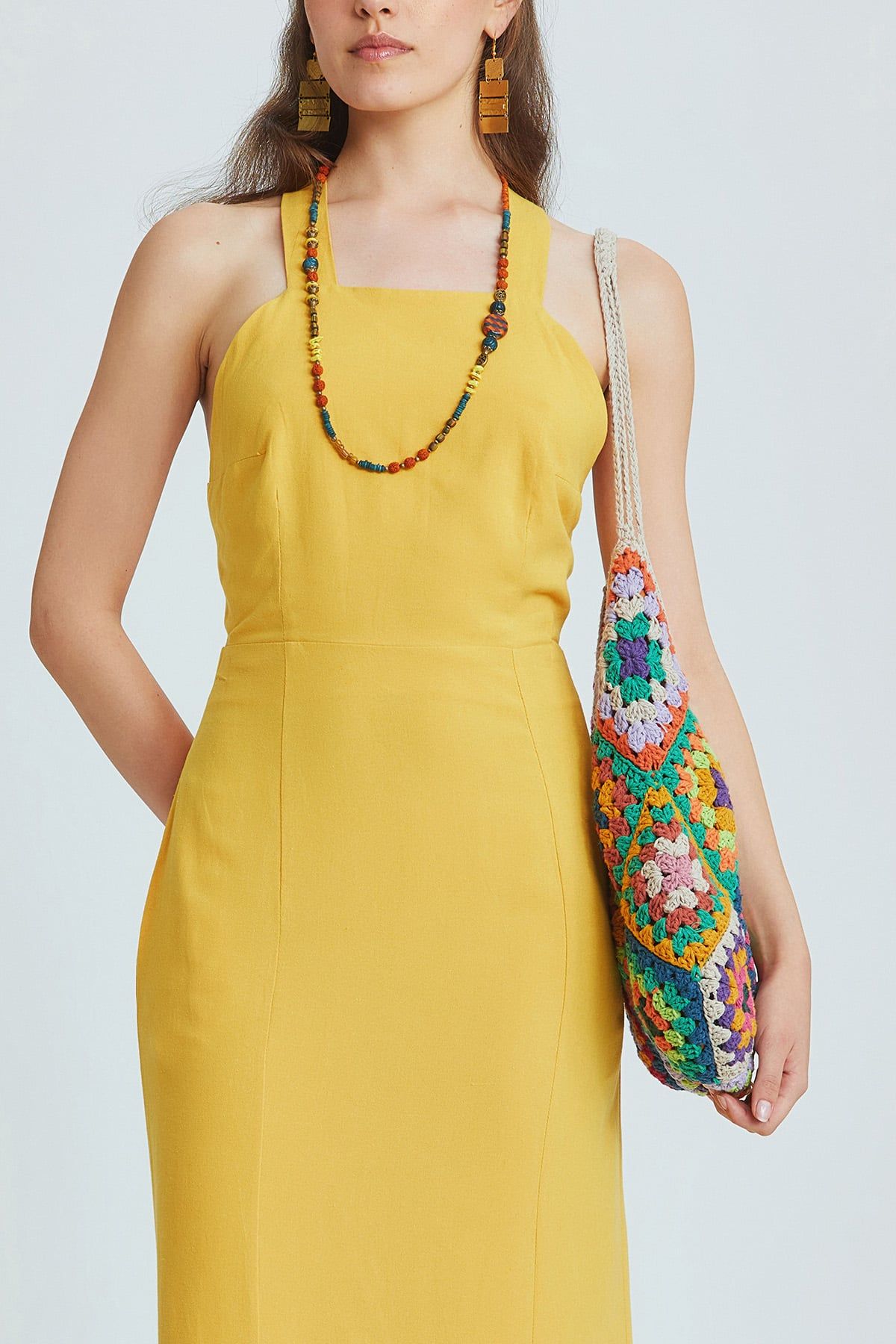 Mustard Linen Blend Midi Bohemian Dress with Cross-Back and Back Slit