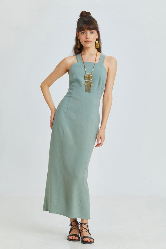Pistachio Green Linen Blend Midi Bohemian Dress with Cross-Back and Back Slit