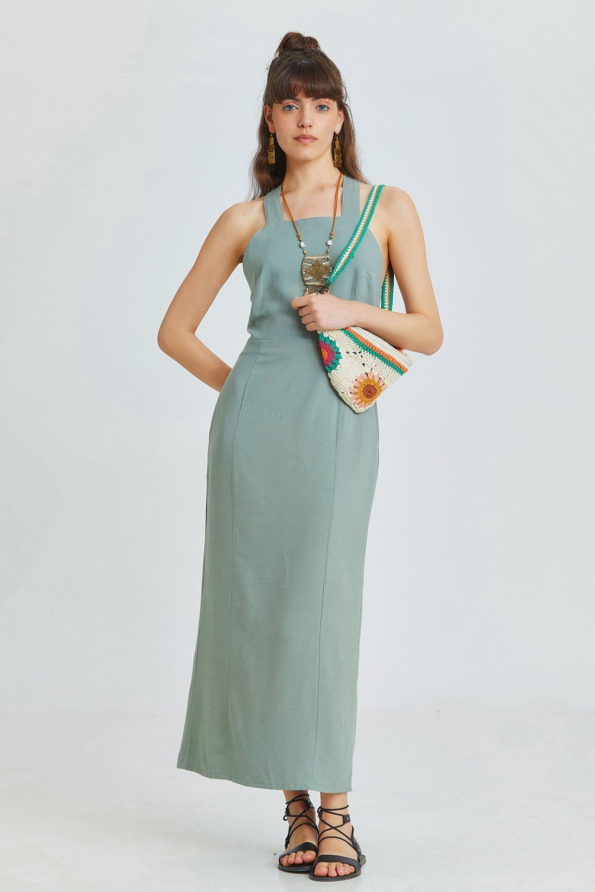 Pistachio Green Linen Blend Midi Bohemian Dress with Cross-Back and Back Slit