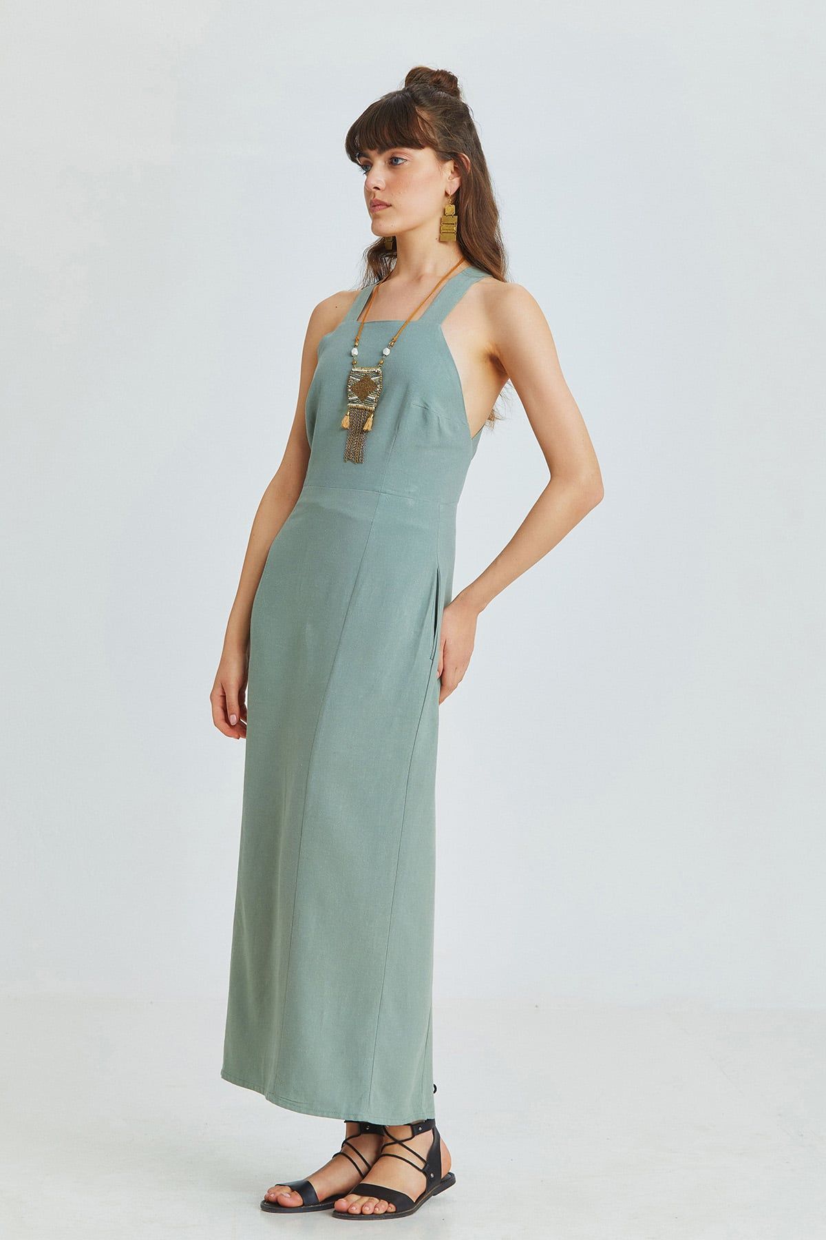 Pistachio Green Linen Blend Midi Bohemian Dress with Cross-Back and Back Slit